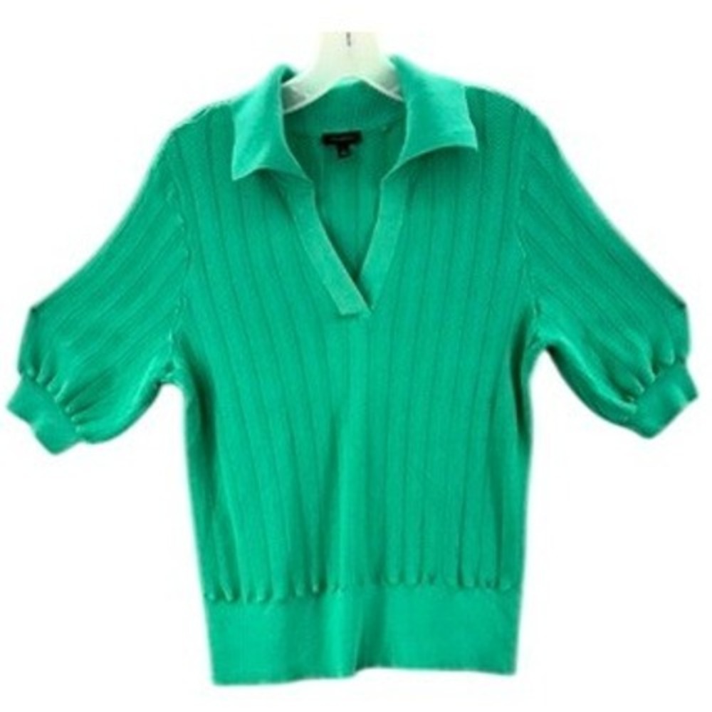 Talbots Sweater Women Medium Green Short Puff Sleeve Chevron Pointelle Top